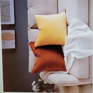Inspire Crafter 2 pack feather throw pillows 18"x18" velvet square gold tan New